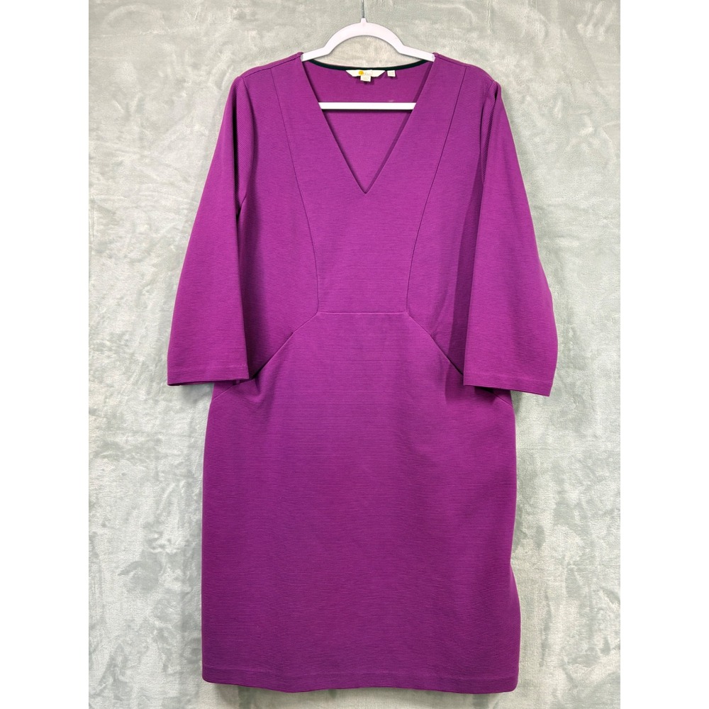 Boden Purple Ottoman Ribbed V-Neck Shift Dress Pockets US 14R J0235